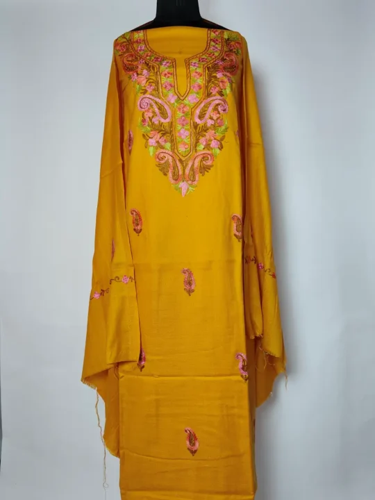 Madiha Polywool Mustard 3pc Unstitched Suit Fabric with Aari Work