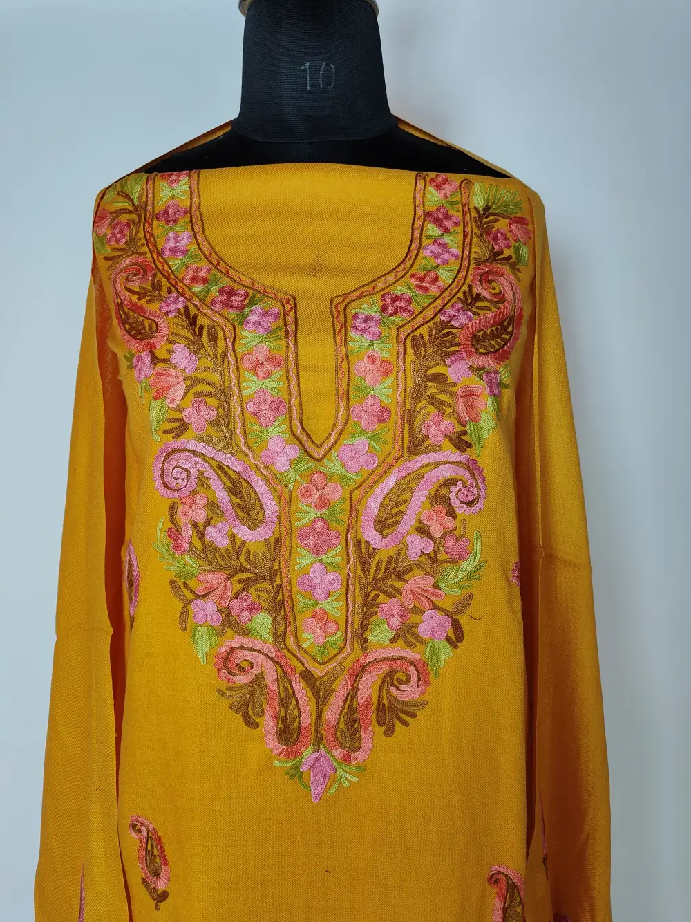 Madiha Polywool Mustard 3pc Unstitched Suit Fabric with Aari Work - Image 2