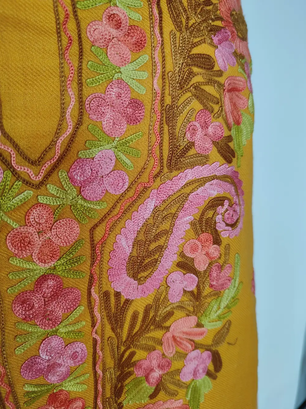 Madiha Polywool Mustard 3pc Unstitched Suit Fabric with Aari Work - Image 3