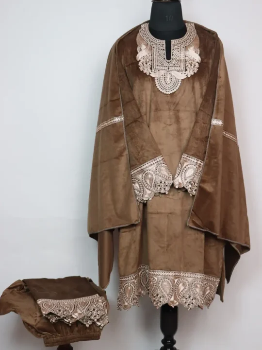 Brown Velvet Zari Tilla Work 3pc Saima Pheran