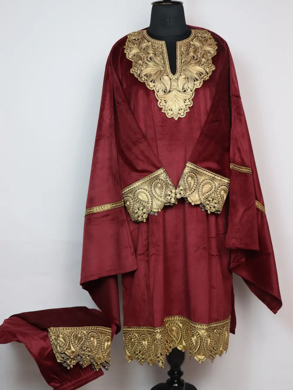 Umairah Maroon Velvet Zari Tilla Work 3pc Pheran