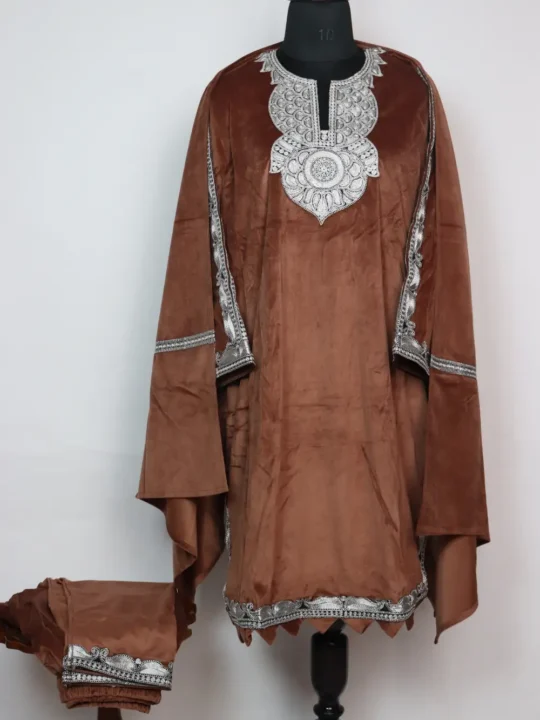 Brown Velvet 3pc Pheran Set Rema Zari Tilla Work