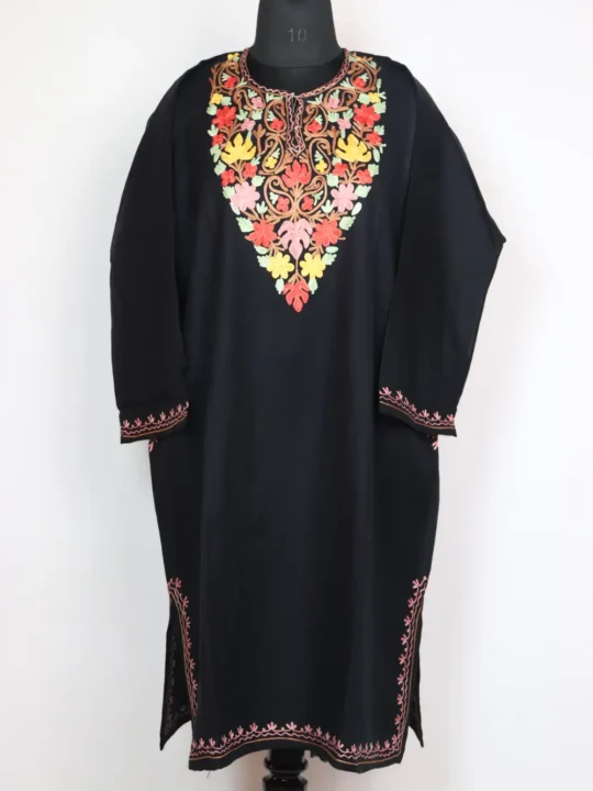 Black Cashmilon Wool Hayat Pheran with Aari Work