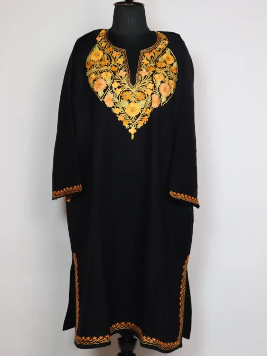 Black Cashmilon Rubab Woolen Pheran with Aari Embroidery