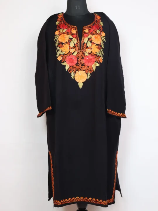 Minah Black Cashmilon Wool Pheran with Aari Embroidery