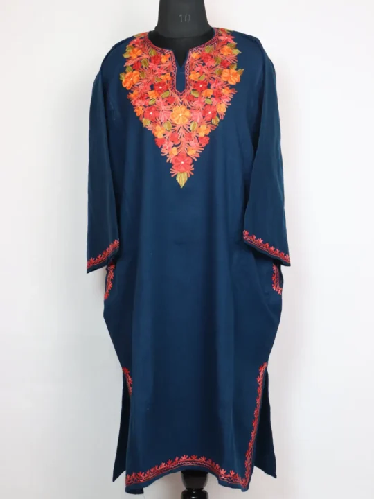 Ridah Cashmilon Wool Pheran in Royal Blue with Aari Embroidery