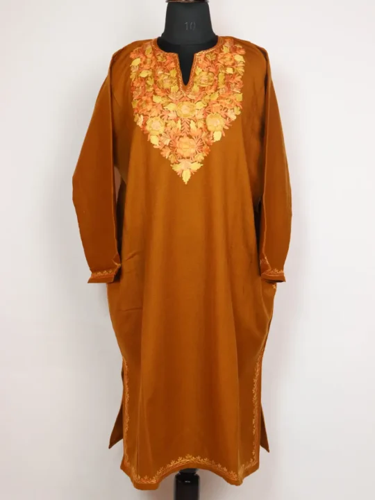 Cashmilon Wool Mahira Pheran in Mustard with Aari Embroidery