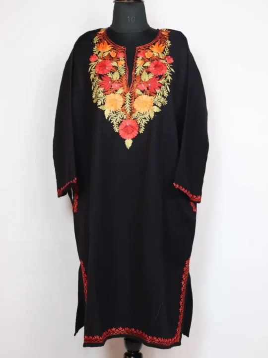 Cashmilon Wool Arooj Black Pheran with Aari Embroidery