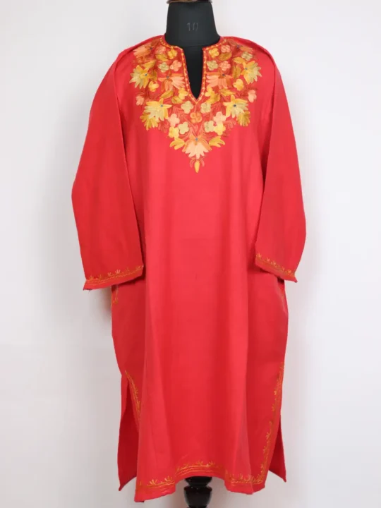 Cashmilon Wool Pink Pheran with Hoor Aari Embroidery