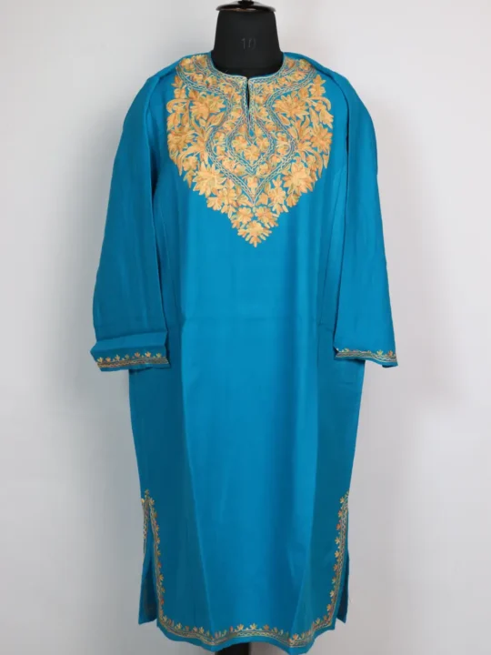 Sky Blue Woolen Cashmilon Pheran Rafia with Aari Embroidery