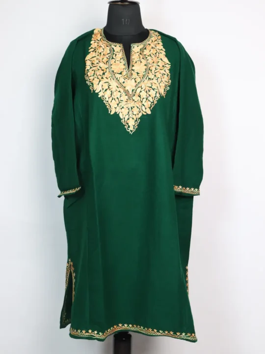 Aari Work Dark Green Zeenat Pheran in Cashmilon Wool