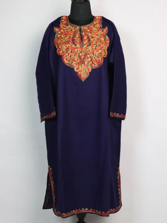 Aari Work Dark Blue Aiman Pheran in Cashmilon Wool