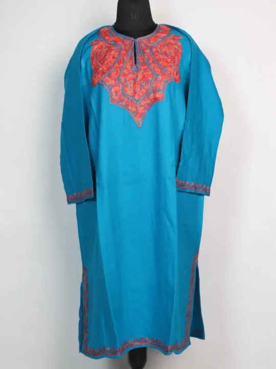 Sky Blue Woolen Cashmilon Pheran Hania with Aari Embroidery
