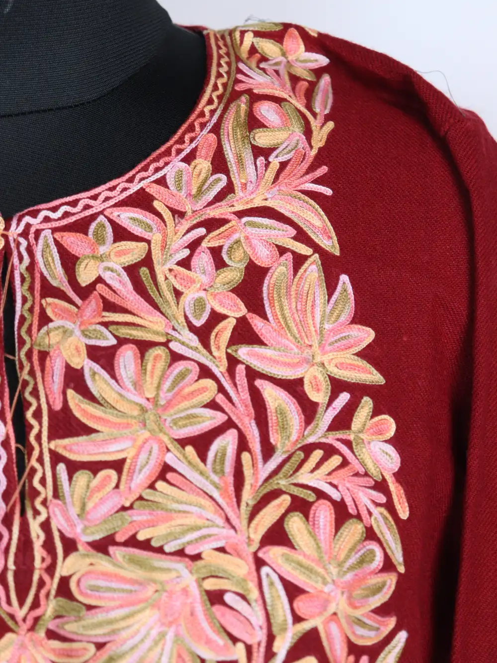 Aari Work Maroon Shifa Pheran in Cashmilon Wool - Image 3
