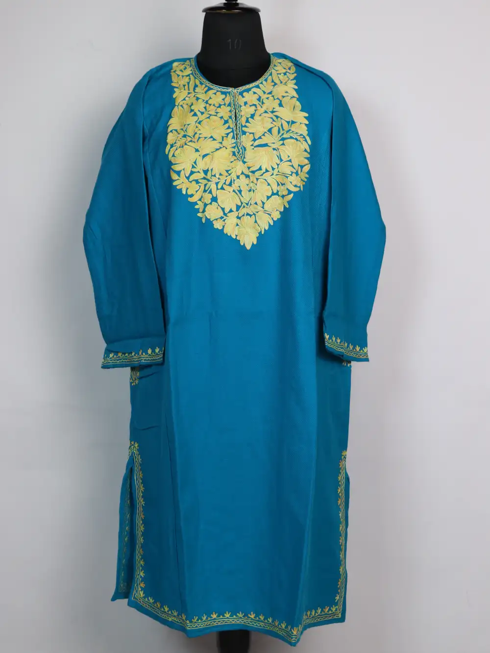 Rafia Sky Blue Cashmilon Wool Pheran with Aari Embroidery