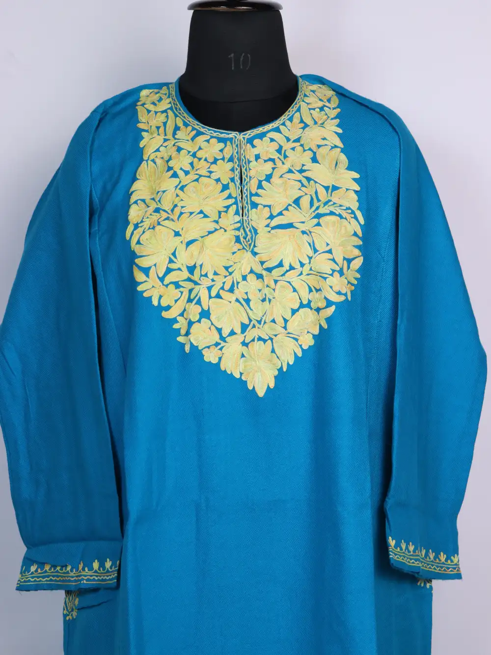 Rafia Sky Blue Cashmilon Wool Pheran with Aari Embroidery - Image 2