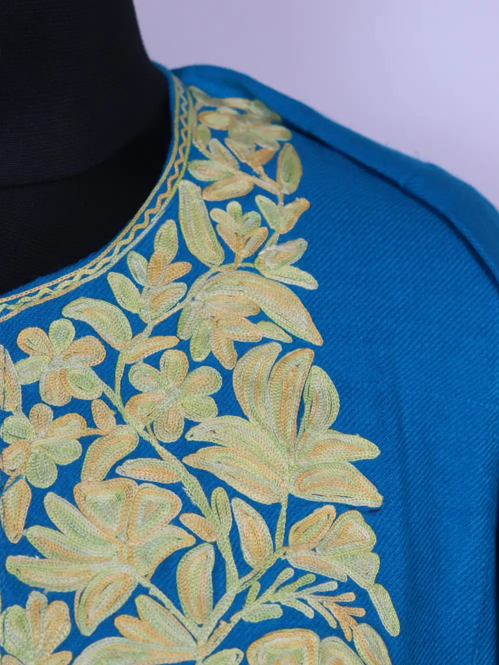 Rafia Sky Blue Cashmilon Wool Pheran with Aari Embroidery - Image 3