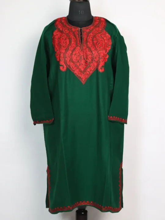 Dark Green Cashmilon Wool Sana Pheran with Aari work