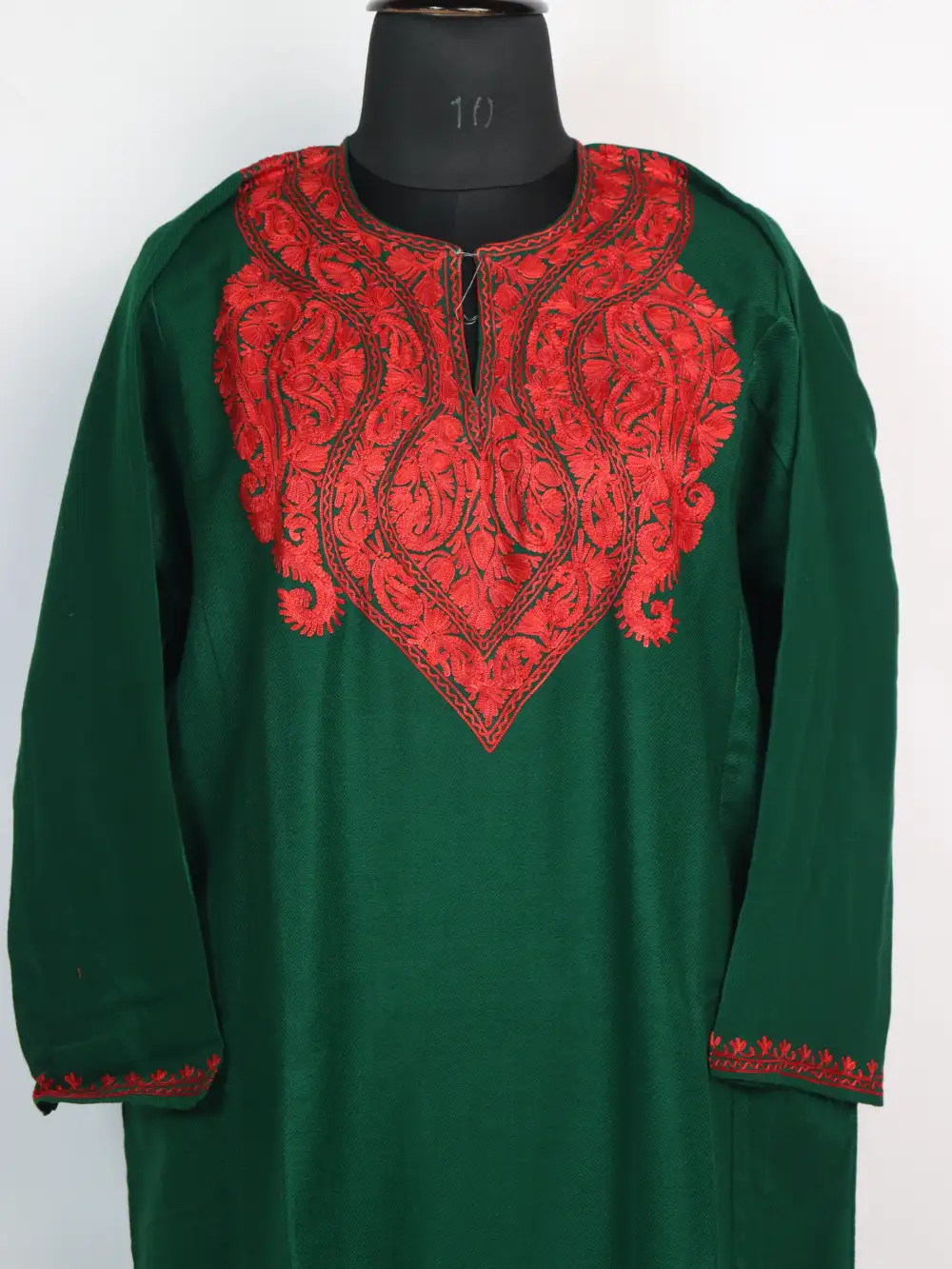 Dark Green Cashmilon Wool Sana Pheran with Aari work - Image 3