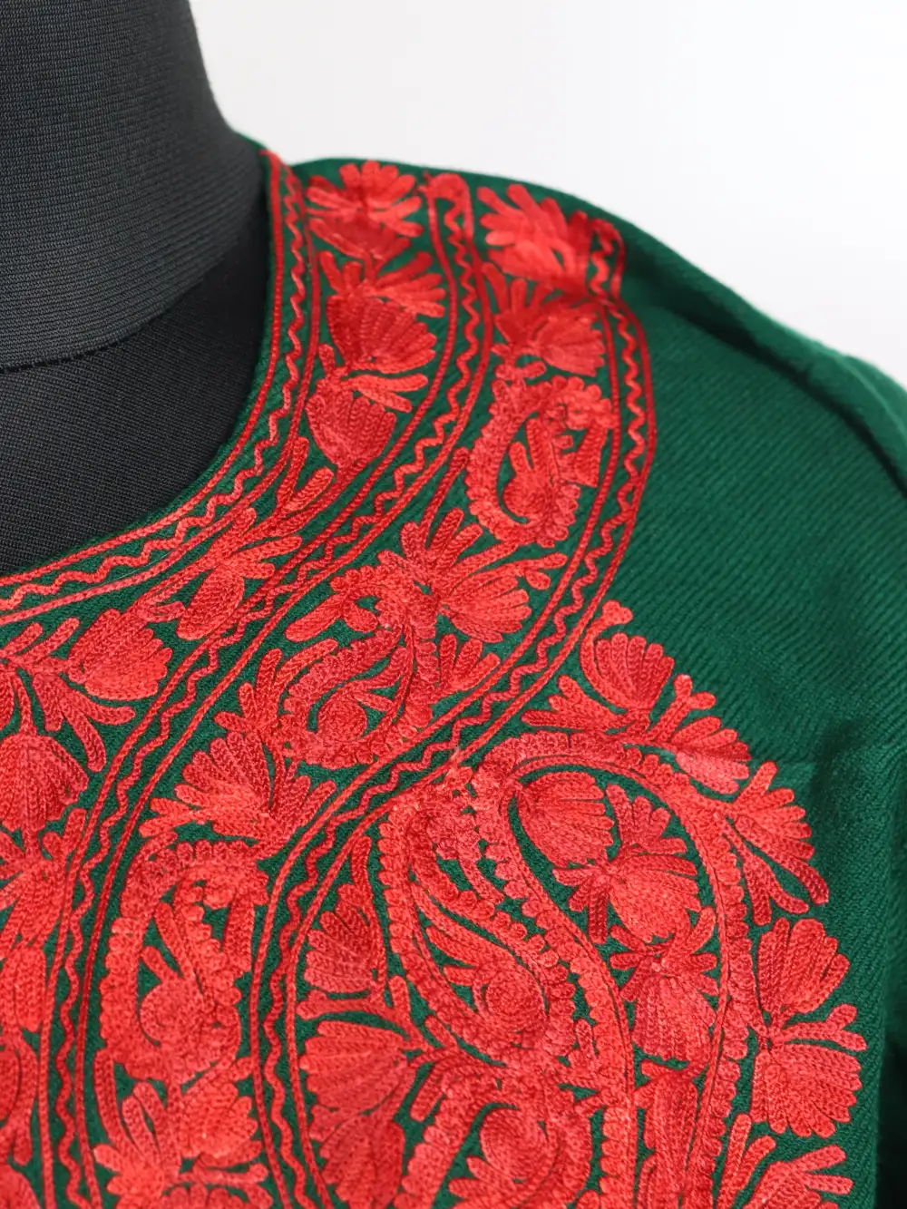 Dark Green Cashmilon Wool Sana Pheran with Aari work - Image 2