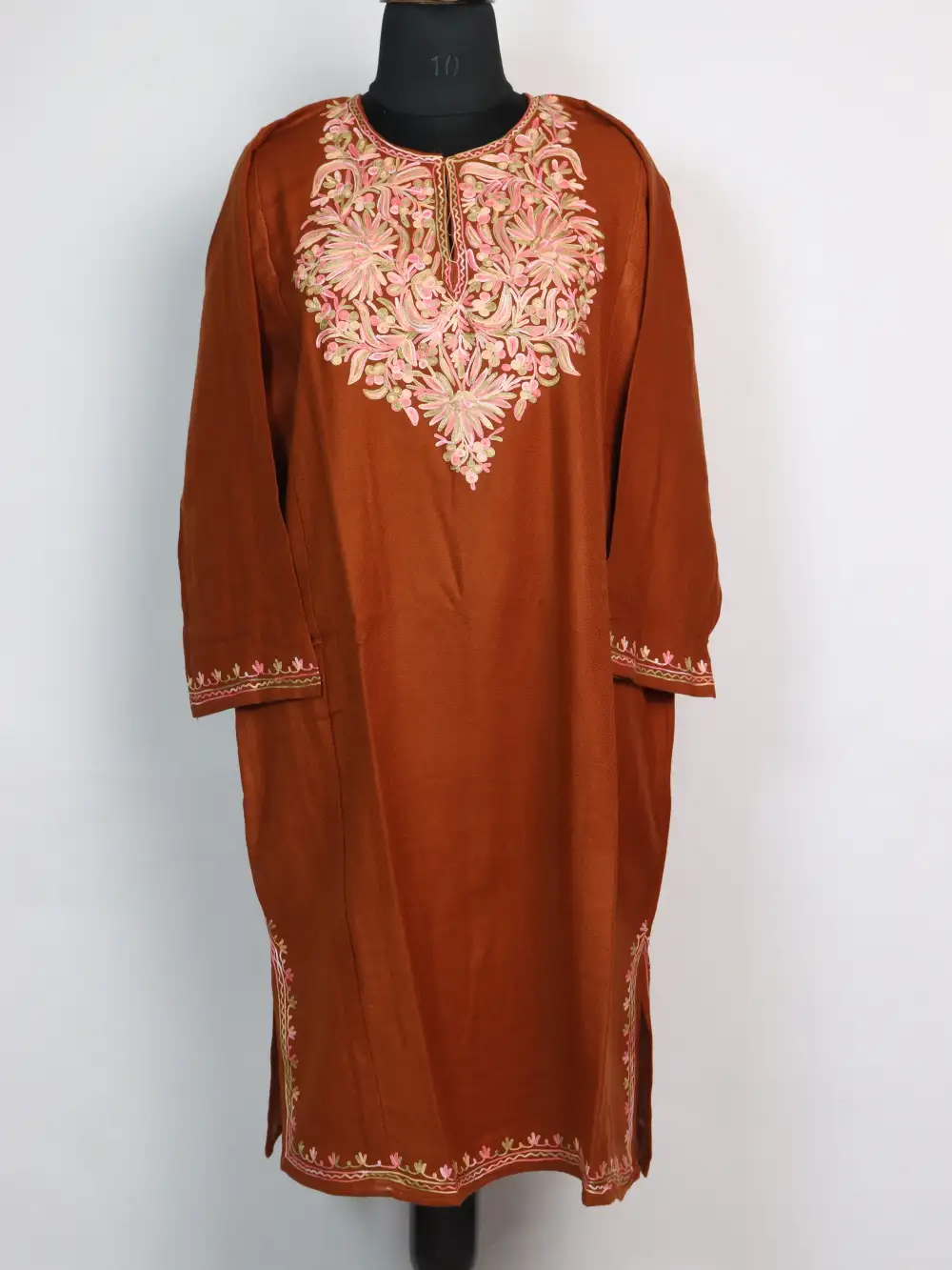 Duha Light Brown Cashmilon Wool Pheran with Aari Embroidery