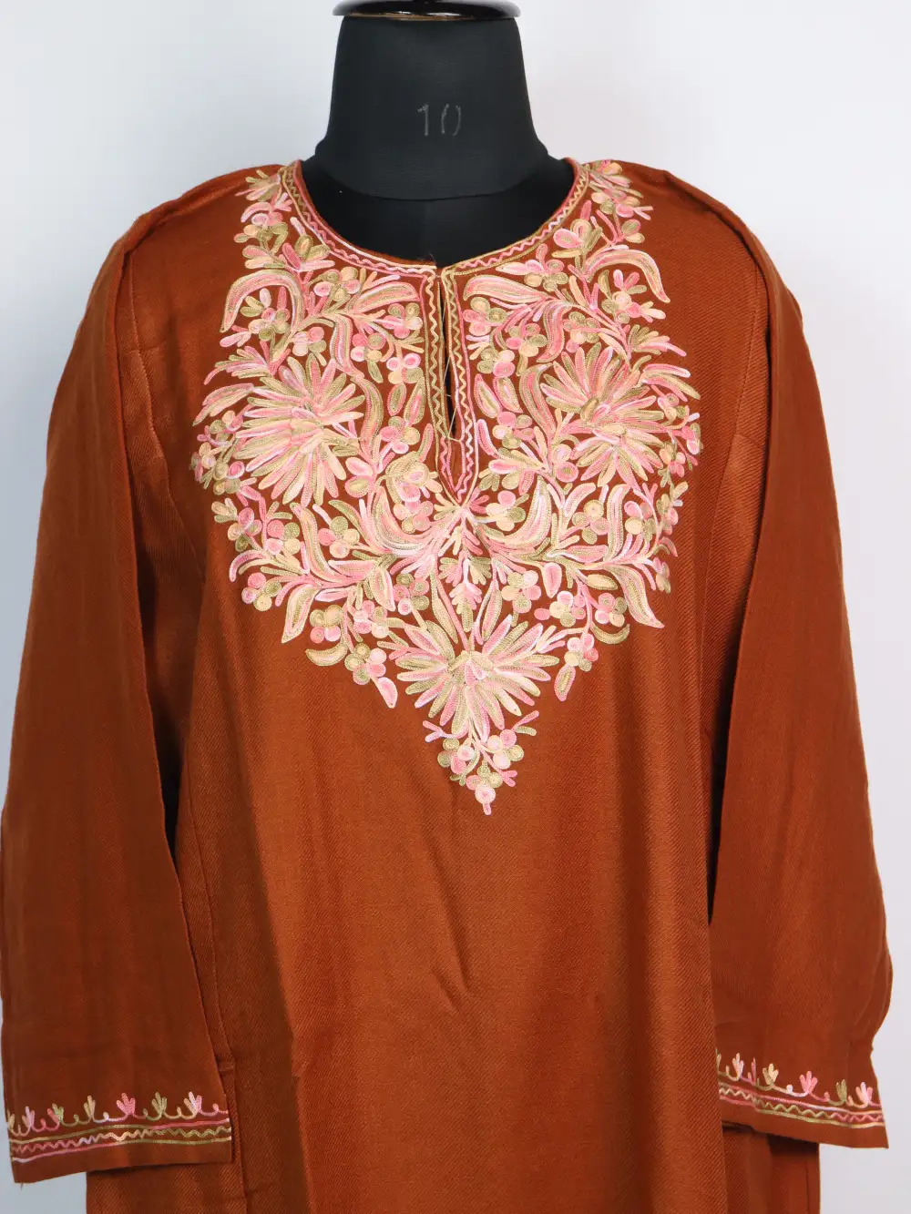 Duha Light Brown Cashmilon Wool Pheran with Aari Embroidery - Image 2