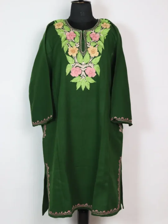 Pheran Dress Green Cashmilon Wool Aari Work Daania