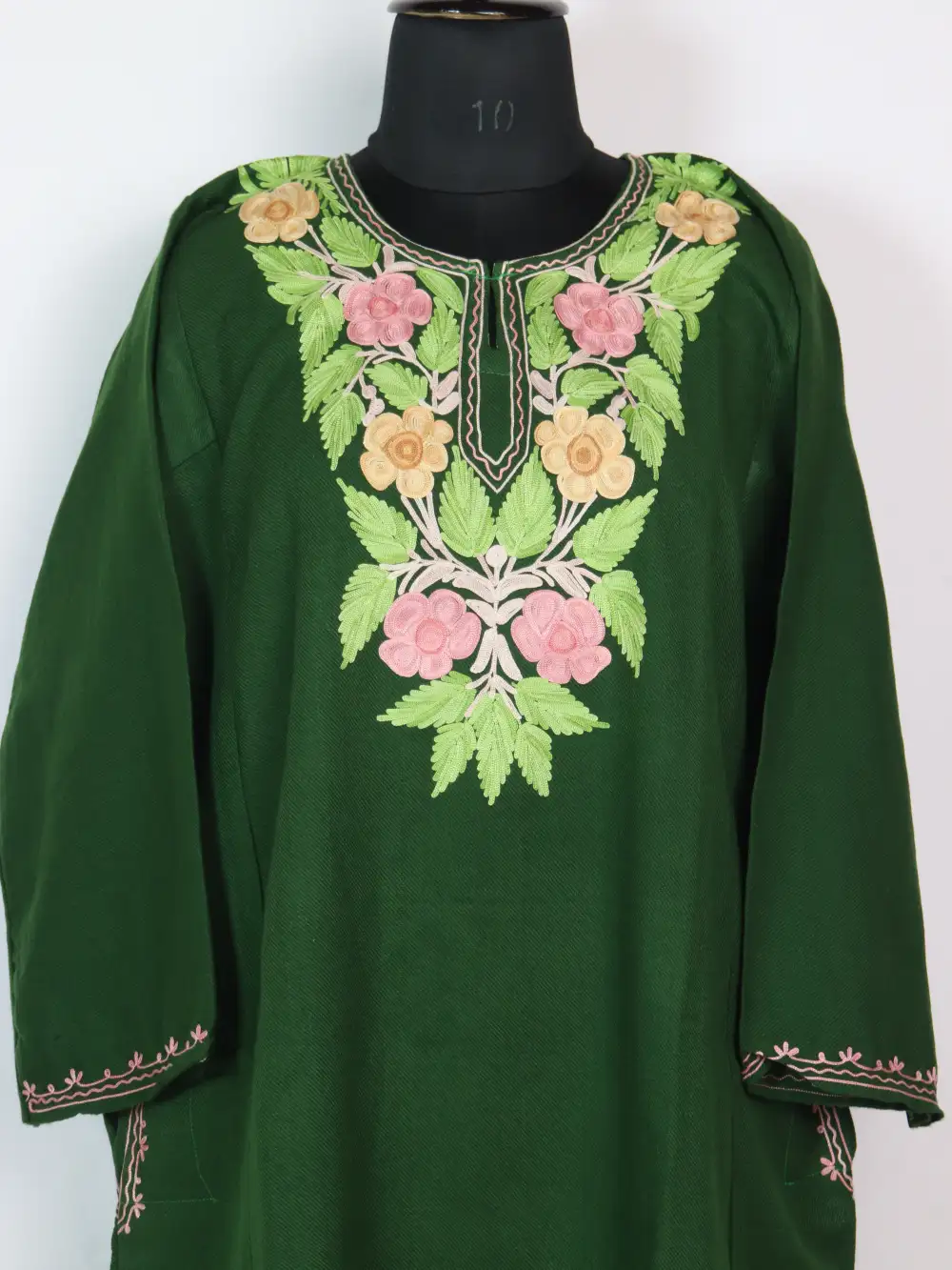 Pheran Dress Green Cashmilon Wool Aari Work Daania - Image 2