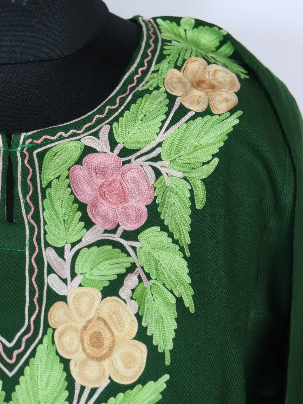 Pheran Dress Green Cashmilon Wool Aari Work Daania - Image 3
