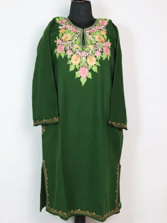 Green Pheran Cashmilon Wool Aari Work Bahar