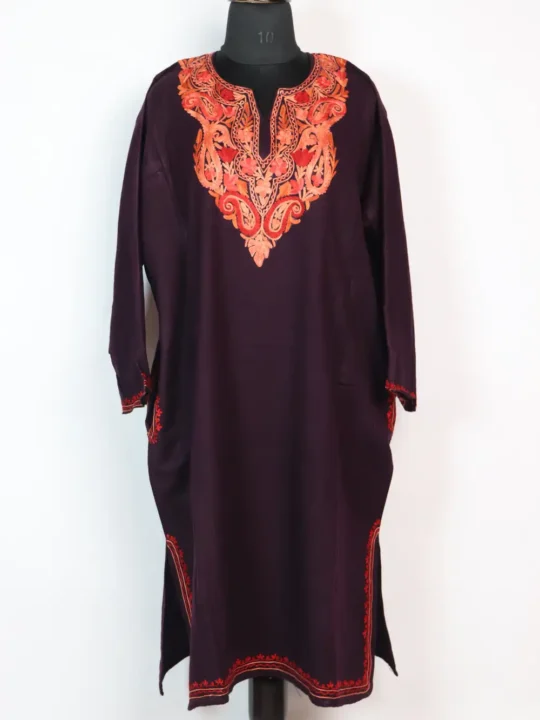 Wine Cashmilon Wool Adah Pheran with Aari Work