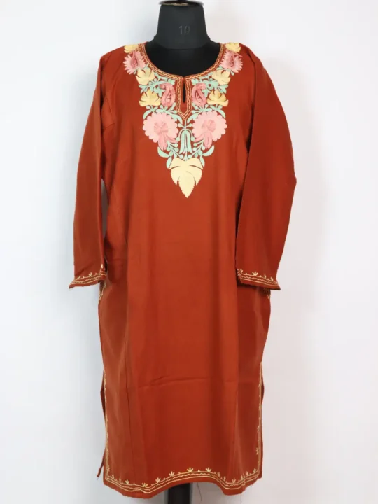 Aari Work Light Brown Sadia Pheran in Cashmilon Wool