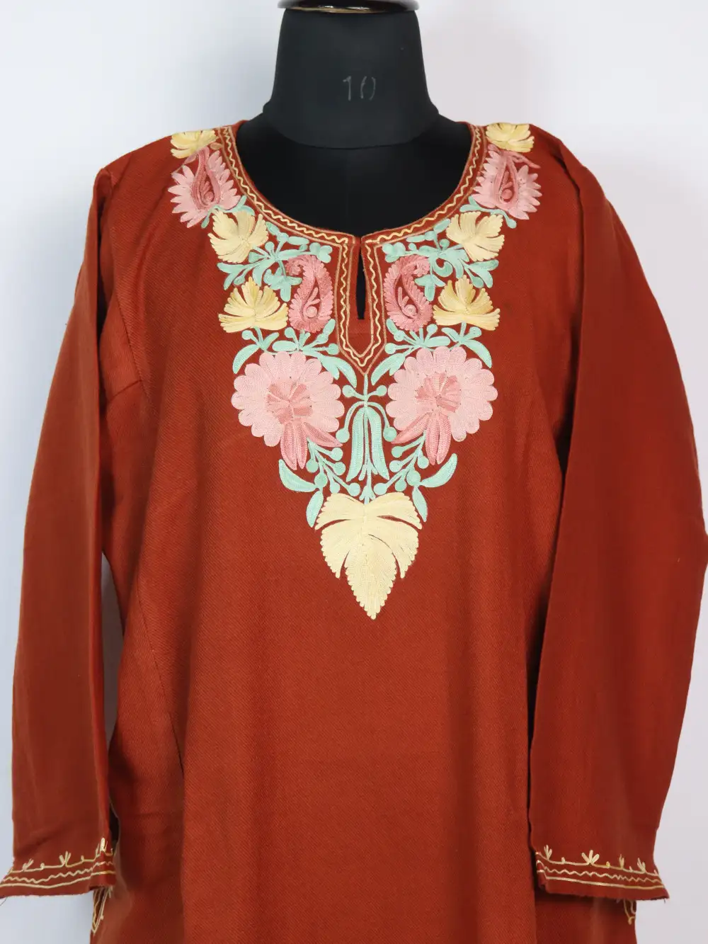 Aari Work Light Brown Sadia Pheran in Cashmilon Wool - Image 2