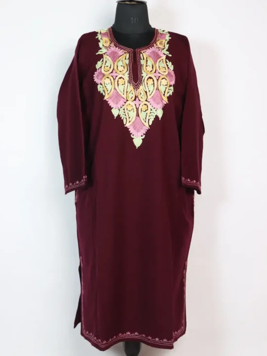 Wine Colour Cashmilon Wool Sara Pheran with Aari Work