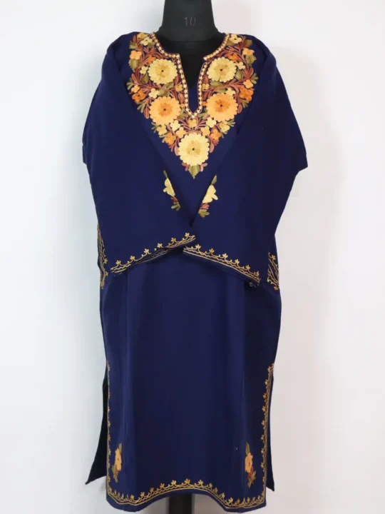 Navy Blue Cashmilon Wool Hafsa Pheran with Aari Work