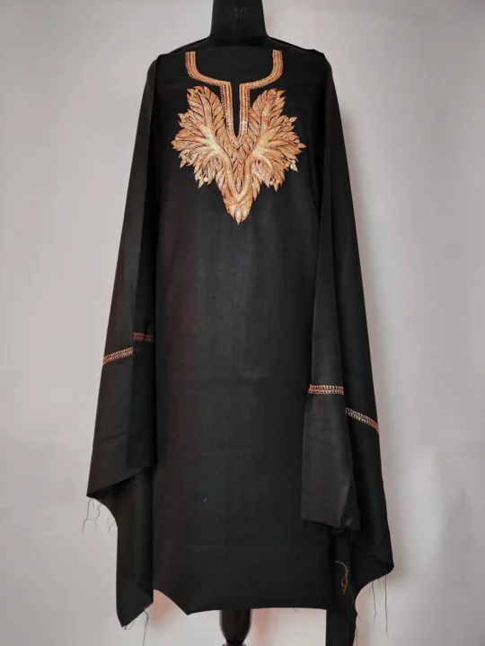 Acrowool Black 3pc Unstiched Suit with Botte Tilla Work