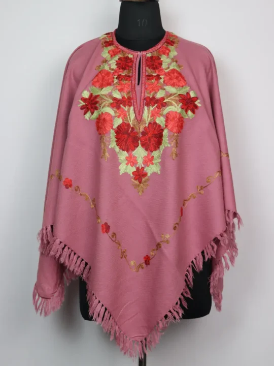 Pink Poncho Zeenat Cashmilon Wool with Aari Embroidery