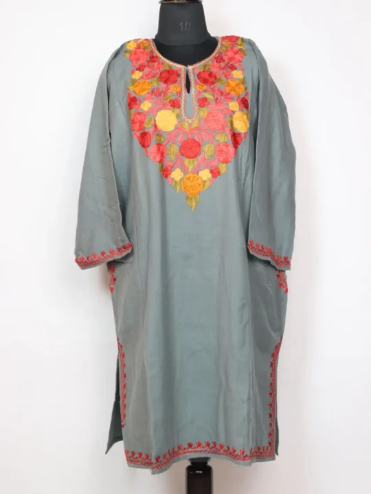 Grey Cashmilon Wool Mahira Pheran with Aari Embroidery