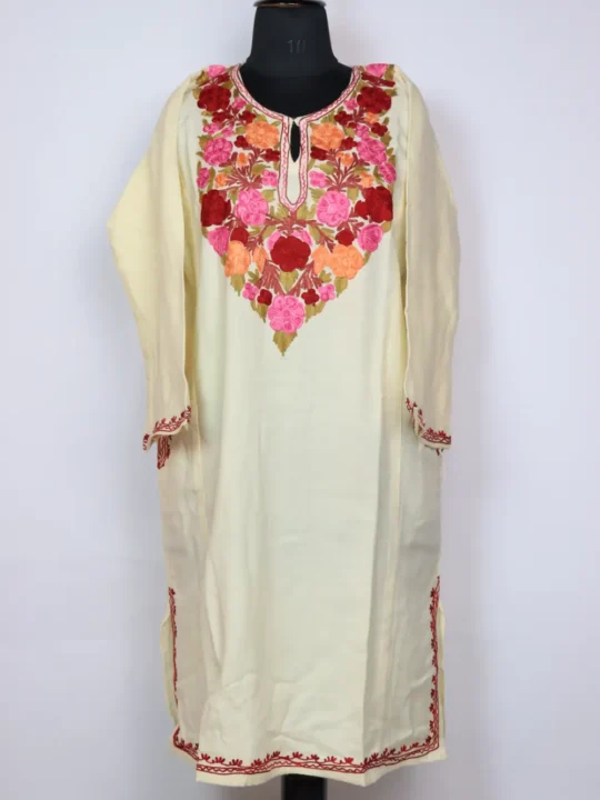 Cream Arshia Cashmilon Wool Loose Pheran with Aari Embroidery