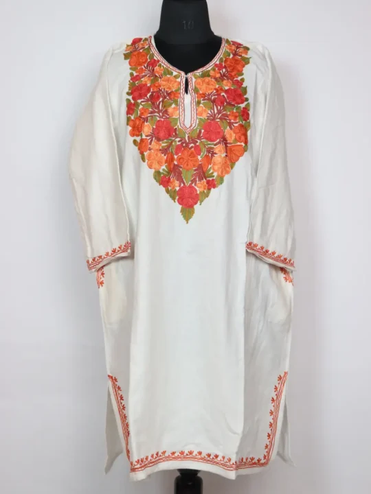 Nawal Cashmilon Wool White Pheran with Aari Work