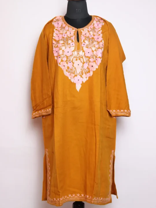 Mustard Cashmilon Alamzeb Woolen Pheran with Aari Work