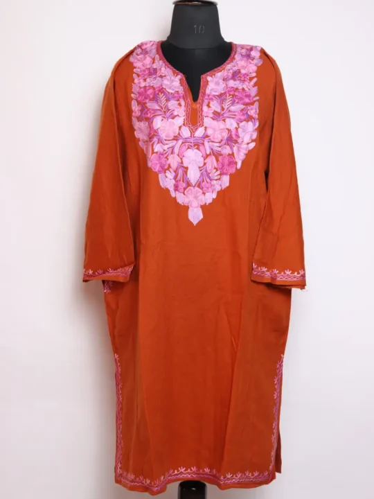 Brown Cashmilon Wool Pheran with Aari Work Rifat