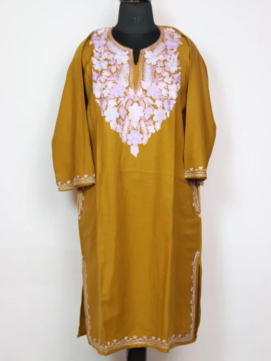 Laiba Mehndi Green Cashmilon Wool Pheran with Aari Work