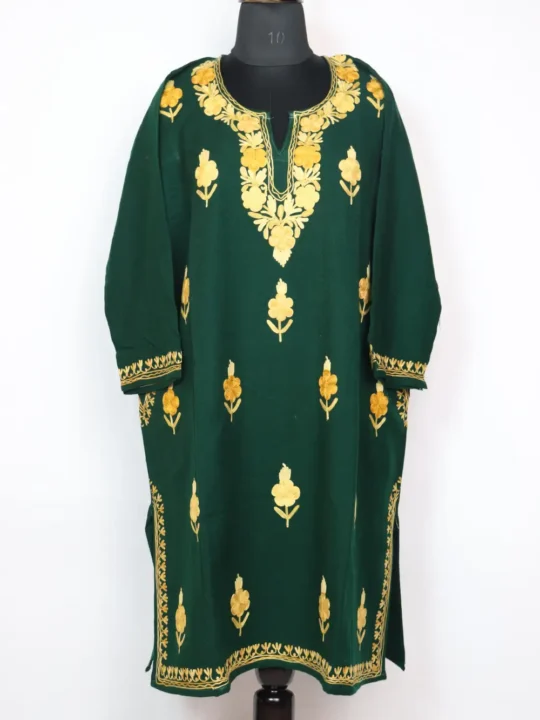 Booti All-Over Aari Work Pheran in Dark Green Ghazal Cashmilon Wool