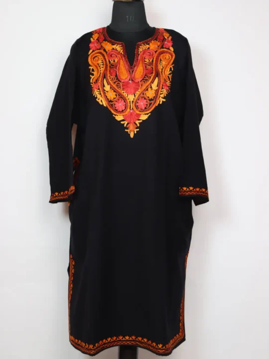 Hasinah Aari Work Pheran in Black Cashmilon Wool