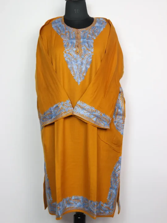 Cashmilon Wool Mustard Ghazal Pheran with Aari Embroidery