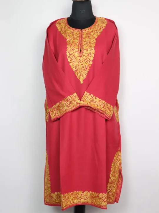 Cashmilon Wool Pink Pheran with Aari Embroidery Hoor