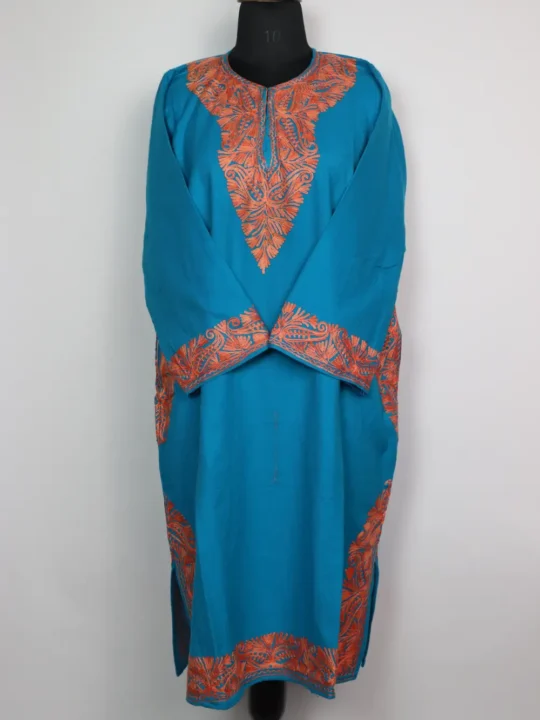 Blue Cashmilon Wool Pheran with Eman Aari Embroidery