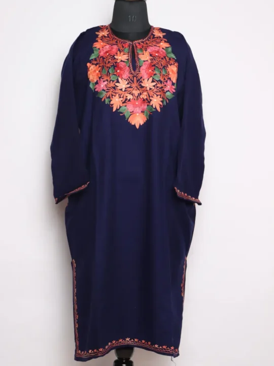 Hafsa Dark Blue Cashmilon Wool Pheran with Aari Work
