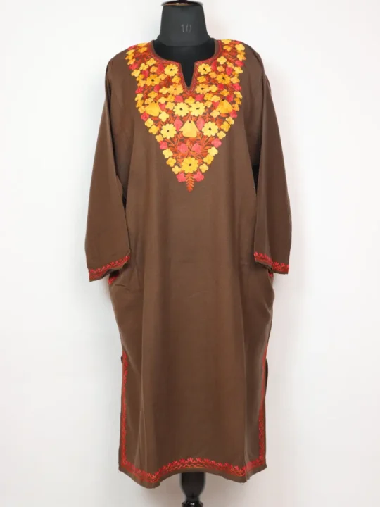 Binah BlackAari Work Beige Pheran in Cashmilon Wool